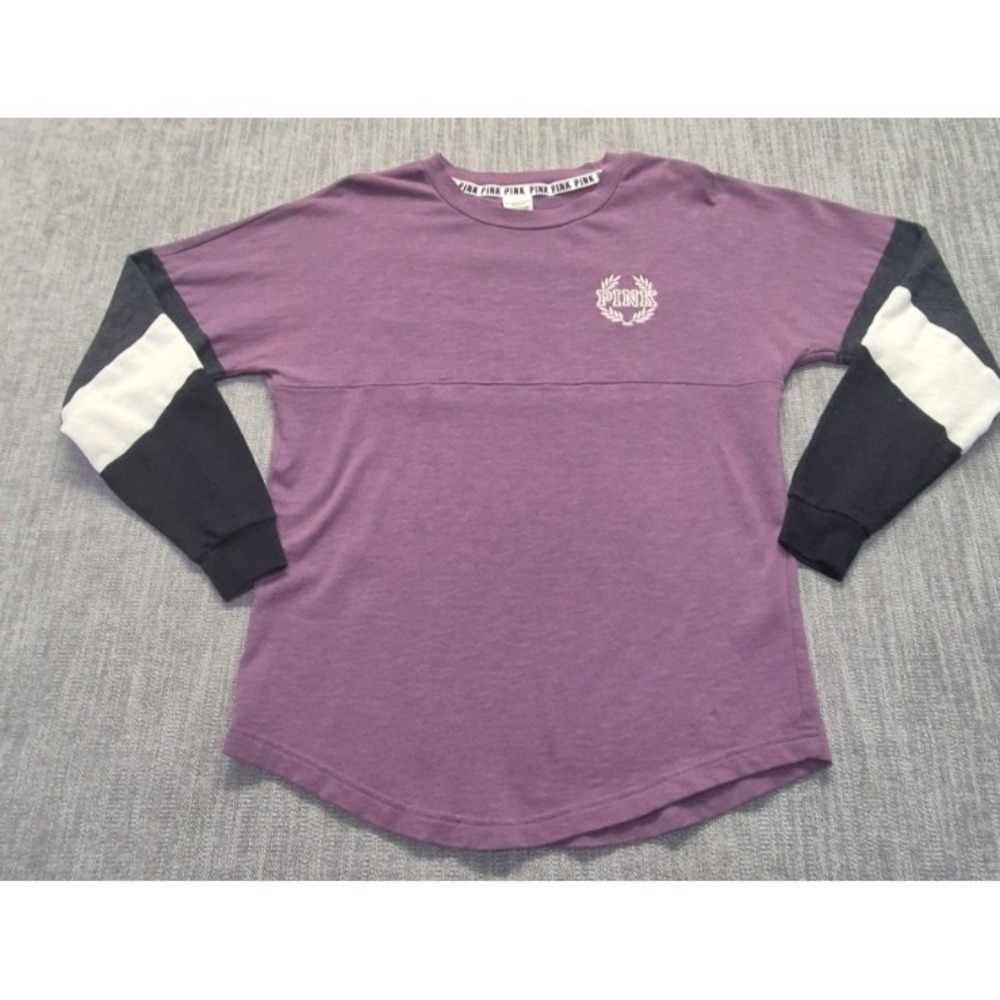VS Pink women's varsity crewneck sweatshirt colorblock purple gray Sm graphic LS